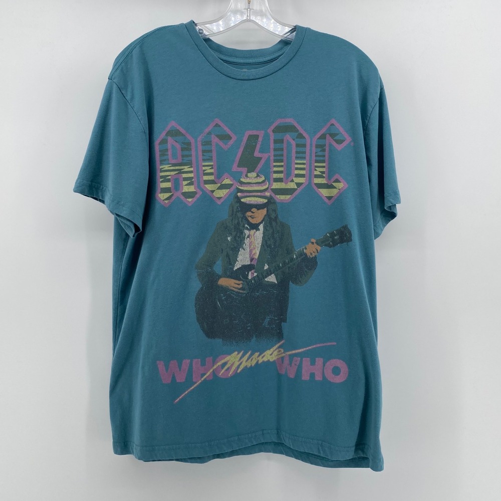 AC/DC Who Made Who 1986 North American Tour Graphic T-Shirt Teal Blue Large